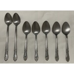 Customcraft Stainless Spoons Silver Floral Stainless 7pc Iced Tea Teaspoons Vtg